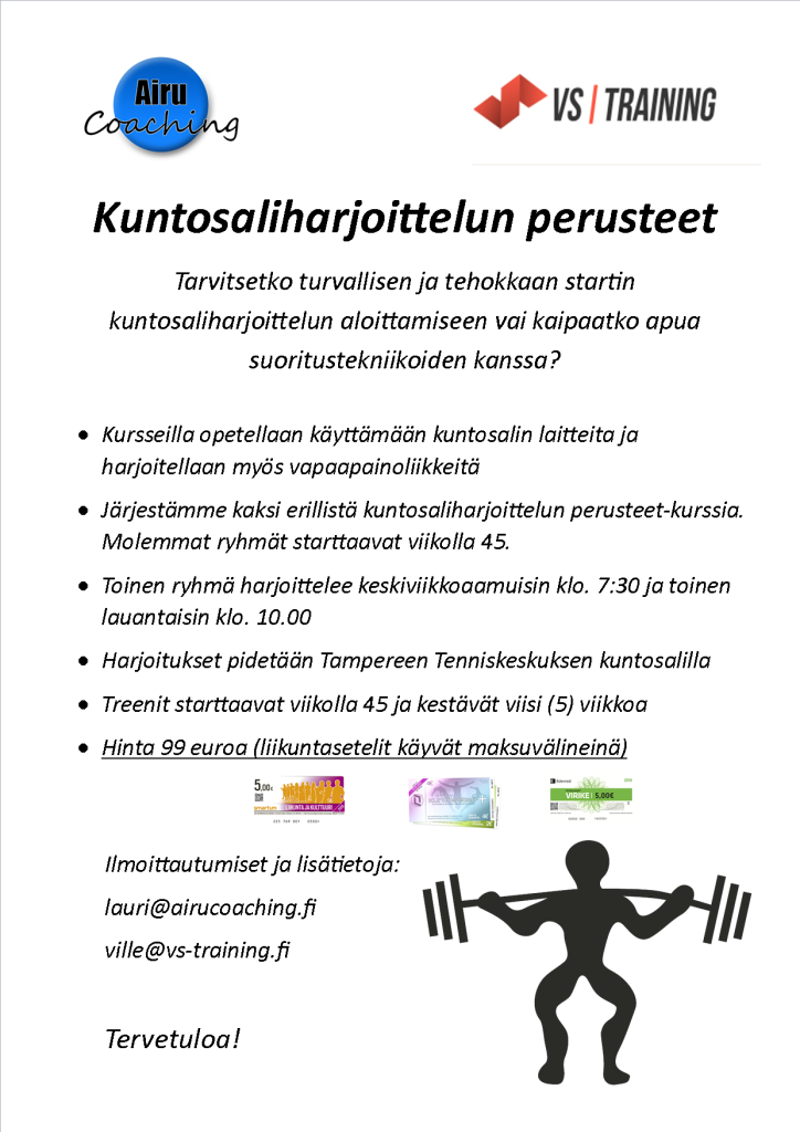 Kuntosaliharjoittelun perusteet Tampereen tenniskekuksella marraskuun alussa